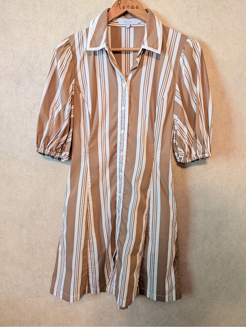 PEARL by Lela Rose brown cream stripe button down mini dress sz 2